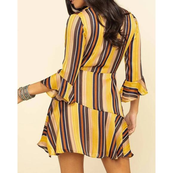 Miss Me Multicolored Striped Wrap Dress Ruffle Sleeves Size Medium - Picture 2 of 8